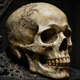gothic sculpture of skull with decorative floral design, deep texture, intense detail, hyperealism, 4 k