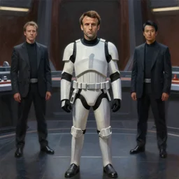 painting of Emmanuel Macron dressed as armored commander in Star Wars inside the galactic senate, sharp focus, full body, trending on ArtStation, masterpiece, by Greg Rutkowski, by Ross Tran, by Fenghua Zhong, octane, clear eyes, soft render, clear facial features, oil on canvas, moody lighting, cinematic, professional environment concept art