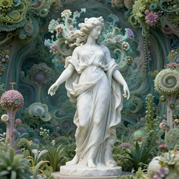 an idealistic marble statue with sweeping clothes and with fractal flowery hair in a fractal garden, unreal engine, 8 k render, beautiful, full frame,