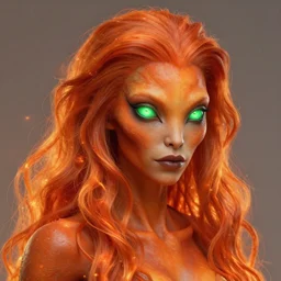 beautiful female alien with glowing green eyes, orange skin and long fiery hair, concept art by Jesper Ejsing, highly detailed, ultra detailed, ultra realistic, trending on artstation