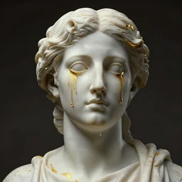 stoic statue with empty eyes and a trail of tears made out for gold, vaporwave, aesthetic, naturel, hyper detailed, digital sculpture, trending in artstation, cinematic lighting, studio quality, smooth render, unreal engine 5 rendered, octane rendered, art style by klimt and nixeu and ian sprigger and wlop and krenz cushart