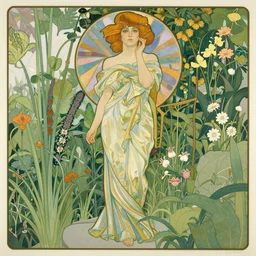a woman and her garden, by alfons mucha, by rene magritte, botanical, plant, grassy, flowers, floral, highly detailed, art deco, soviet art, epic composition
