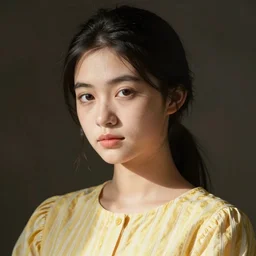 girl with black hair in a ponytail and brown eyes, bigger forehead, photo, in a yellow striped dress
