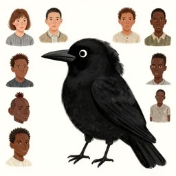 a black bird with a facial expression. illustrated by simon stalenhag, fiona staples, dustin nguyen, peter elson, alan bean, wangechi mutu, et al