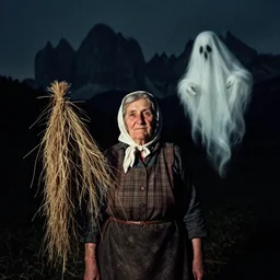 1 9 2 0 s spirit portrait photography of an old female farmer 2 9 3 8 4 2 turning into a krampus ghost with hay cloth in the dolomites, by william hope, dark, eerie, grainy