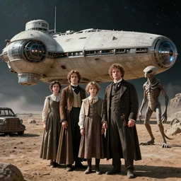 sharp, detailed, 4096k film still from a sci fi blockbuster color movie made in 2019, set in 1860, of a family standing in front of a spaceship that has just landed on an alien planet, a humanoid alien creature stands nearby, the family are all wearing 1860s era clothes, good lighting, good photography, sharp focus