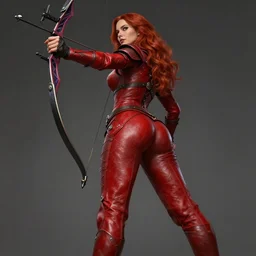 Female archer, dnd, d&d, leggins, red skintight leather armor, red hair, Low-Angle, visible face!, beautiful face!, alluring, toned derriere, high fantasy, realistic!, matte painting, by wlop and tomasz alen kopera, octane