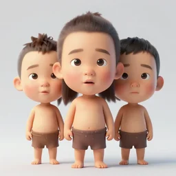 a full - body portrait of little asian cuties caveman, have 3 times oversized head, make stone tools at the river bank, a colorized photo, colorized, # film, movie still