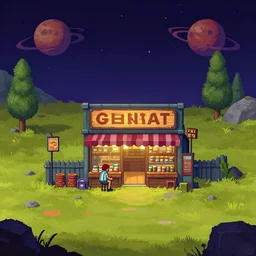 outside a general store, in a small remote outpost, on a remote planet, cyberpunk style, from a point and click 2 d graphic adventure game, art inspired by [ [ [ thomas kinkade ] ] ] and [ mark keathley ]