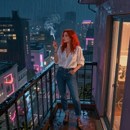 a beautiful artwork of a woman with red hair in jeans and a white shirt smoking on the balcony of a hotel at night, top view, cinematic shot, rainy, marvel, dc comics neon and rainy theme atmosphere by Jerome Opeña, featured on artstation