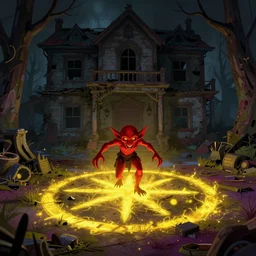 inside a haunted destroyed house, a sigil scribbled on the ground and shining yellow, the red goblin is sucked into it and vanished, trending on artstation, wide view, cinematic view, cinematic, 8 k, digital photo, unreal engine, colored paint, colorful paint, scary style