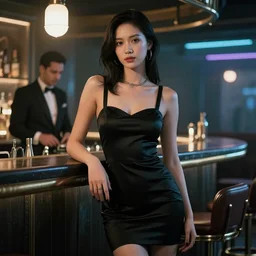 Slim cyberpunk woman is standing near the bar by Dylan Kowalski, photorealism, elegant woman, beautiful woman