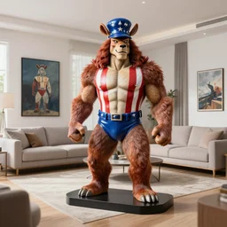 armadillo patriot potus, modern art placed in a large living room, art designers magazine HD photo superrealism 3d 8k resolution