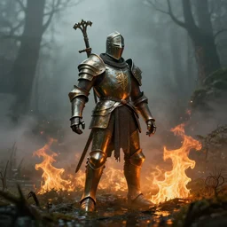 bronze knight, in swamp, surrounded by fog, trending on artstation, searing flames, in style frazetta, 1 0 0 mm lens, cinematic, unreal engine