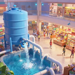 art by filip hodas, pixar, and artgerm. level design many pipes from which clean water flows. water storage tank. many people and shops with goods. clean, neat, indoor, advertising, entertainments, inside, interior.
