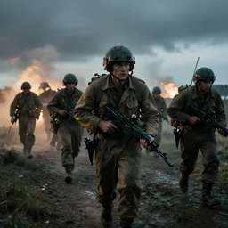 cinematic view of normandy landing in the style of the movie lone survivor, ray tracing, cinematic lighting,