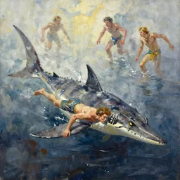 abstract watercolor painting of one prehistoric caveman swimming to escape plesiosaurus, paint brush strokes, art by hans dahl, jesper ejsing, anders zorn, greg rutkowski, greg manchess, wonderful masterpiece, cinematic light, american romanticism