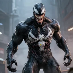 venom fused with deadshot yellow eye, ultra realistic 4 k unreal engine very cinematic render with ray tracing bloom ambient occlusion strong reflections depth of field fog
