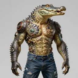 muscly human, crocodile artifacts, more humanoid, fantasy character portrait, crocodile skin, human face wearing jeans, ultra realistic, intricate details, the fifth element artifacts, highly detailed by peter mohrbacher, allen williams, hajime sorayama, wayne barlowe, boris vallejo, aaron horkey, gaston bussiere, craig mullins