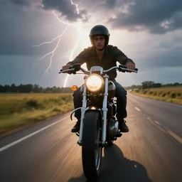 young man riding speeding down a country road on his motorcycle, close - up, worms - eye - view, cinematic lightning, dramatic backlight, long lens, bokeh, masterpiece by george hurrell and joe mcnally