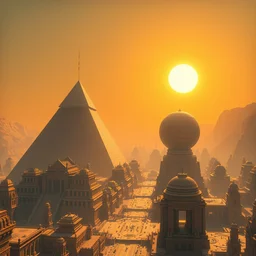 futuristic majestic egyptian solarpunk city, temples with one giant pyramid and one giant sphere, bright sun, highly detailed 8 k digital art