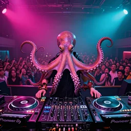 award winning low angle portrait of an octopus! as a dj with tentacles! simultaneously placed turntables cdjs and knobs of a pioneer dj mixer. in front of a large crowd, studio, fuchsia and cyan lighting, 8 k detail, volumetric lighting, wide angle, trending on artstation, by huang guangjian and gil elvgren and sachin teng