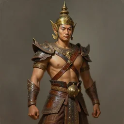 tai warlord, portrait, pose reference from king ramkhaheang monument, historical, ethnic group, traditional tai costume, bronze headset, leather shoulder armor, fantasy, intricate, with leather armor cross onbare chest, elegant, loin cloth, highly detailed, oill painting, artstation, concept art, matte, sharp focus, illustration, hearthstone, art by earl norem