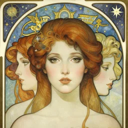 close up portrait of the spirit of seduction!! astrology celestial symbolism, by artgerm, cushart krenz, greg rutkowski, mucha. art nouveau. gloomhaven, swirly vibrant ripples, gaudy colors, sharp edges. ultra clear detailed. 8 k. elegant, intricate, octane render