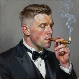 a canvas painting of a realistic irish man with a fade haircut, lighting a cigar, wearing a suit, bowtie, and ring, highly detailed