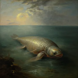 anomalocaris in the sea, cambrian fauna, rembrandt baroque painting, dutch golden age landscape painting, mysterious, ambient light, dramatic light, soft colours