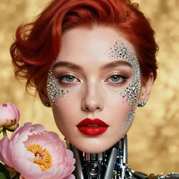 Portrait of a robot, close-up, high sharpness, zeiss lens, fashion photo shoot, peony flowers, red hair, red lipstick, on the background of gold, on their face rhinestones, Edward Buba, Annie Leibovitz and Steve McCurry, David Lazar, Jimmy Nelsson, Eiko Hosoe, Zhong Lin, artistic, hyper-realistic, beautiful face, octane rendering