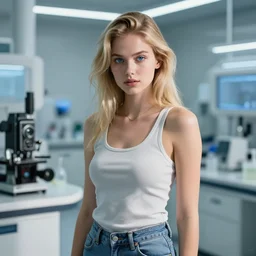 portrait photograph of an extremely beautiful!!!! young female, Shifty look on her face, natural light, wearing a tank top and jeans!! Blond hair. Bright blue eyes. in a futuristic laboratory. looking at the camera!!. super resolution. Extremely detailed. Graflex camera!, bokeh!!!!! trending on artstation.