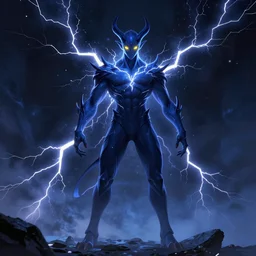full body illustration of a dark blue air elemental with yellow eyes and lightning; detailed, best on artstation, raymond swanland, bayard wu, cosmic, epic, cinematic shot, masterpiece