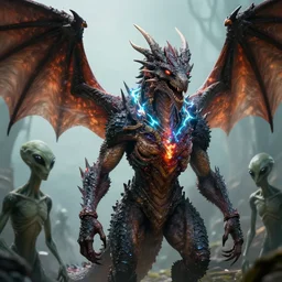 a winged dragonborn with an electric collar, infected with an alien implant, being held by aliens, photorealistic 3 d octane render, unreal engine