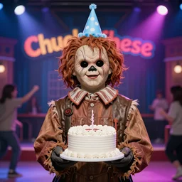 portrait photo still of leatherface holding a small cake, wearing a birthday hat, om stage at chuck e cheese, 8 k, 8 5 mm f 1. 8
