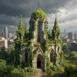 abandoned chapel with wildly growing plants, insanely detailed. instagram photo, kodak portra. by wlop, ilya kuvshinov, krenz cushart, greg rutkowski, pixiv. zbrush sculpt, octane, maya, houdini, vfx. huge cityscape. cinematic dramatic atmosphere, sharp focus, volumetric lighting