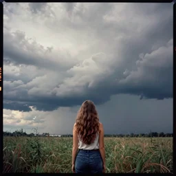 kodak ultramax 4 0 0 photograph of a girl with long hair standing in a field, stormy clouds, wicked clouds, big clouds, back view, grain, faded effect, vintage aesthetic,