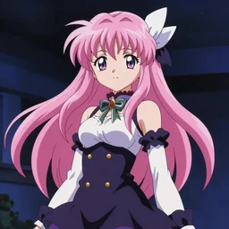 anime girl with eccentric clothes, long spiky pink hair, cel - shading, 2 0 0 1 anime, flcl, jet set radio future, night time, entertainment district, japanese city at night, colorful buildings, lines of lights, christmas lights, rollerskaters, cel - shaded, jsrf, strong shadows, vivid hues, y 2 k aesthetic