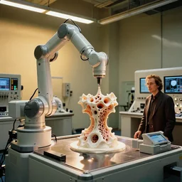 a complex bifurcated robotic cnc surgical arm cybernetic symbiosis hybrid mri 3 d printer machine making organic... ceramic fractal forms by wayne barlowe and beeple in the glass room laboratory with control panels, golden hour lighting, film still from the movie directed by denis villeneuve with art direction by wayne barlowe and salvador dali, wide lens, f 3 2,