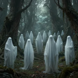 a highly detailed 4 k fantasy matte painting of people dressed as ghosts in the woods, zdzislaw beksinski, artstation, cgsociety, unreal engine