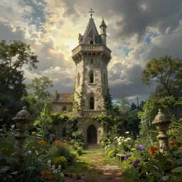 The abandoned wizard\'s tower in the overgrown garden. Fantasy Art.