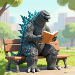 godzilla sitting on bench in city park and reading book
