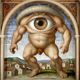 Gargantua the giant stands above the small town leering with enormous eye painting by giotto