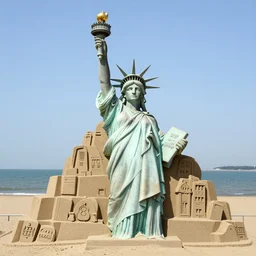 a sand sculpture of the statue of liberty, 8 k photograph, high - resolution, near a coastline