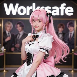worksafe. japanese photo. insanely detailed. by wlop, ilya kuvshinov, krenz cushart, greg rutkowski, pixiv. zbrush sculpt, octane, maya, houdini, vfx. pink, white and black, gorgeous young cg gentle girlish feminine sissy boy with long hair, ponytail hairstyle, wearing hairbow, frills, silk dress, friendly smiling, in luxury advertisement. cinematic dramatic atmosphere, sharp focus, volumetric lighting