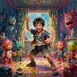 a crazy war of action dolls in a room of a crazy boy, he has several broken and deformed weirdhorror toys, the the room design is with vibrant colors and monsters characters