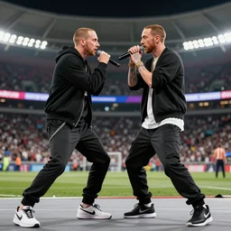 eminem rap battling in a stadium during covid in real life, 8 k, 4 k uhd, realistic, hyper realistic, super detailed, very detailed, detailed