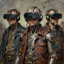 old junky men with cybertronic gadgets and vr helmet, durty colours, rotten textures, rusty shapes, biotechnology, tim hildebrandt, wayne barlowe, bruce pennington, donato giancola, larry elmore, oil on canvas, masterpiece, trending on artstation, featured on pixiv, cinematic composition, sharp, details, hyper - detailed, hd, hdr, 4 k, 8 k