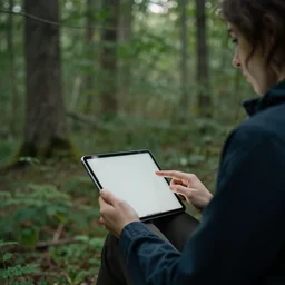 person reviewing a tablet alone in a forest