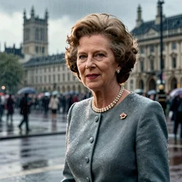 margaret thatcher in rain rain rain drenched moist, hyper realistic cinematic color still volumetric lighting london background